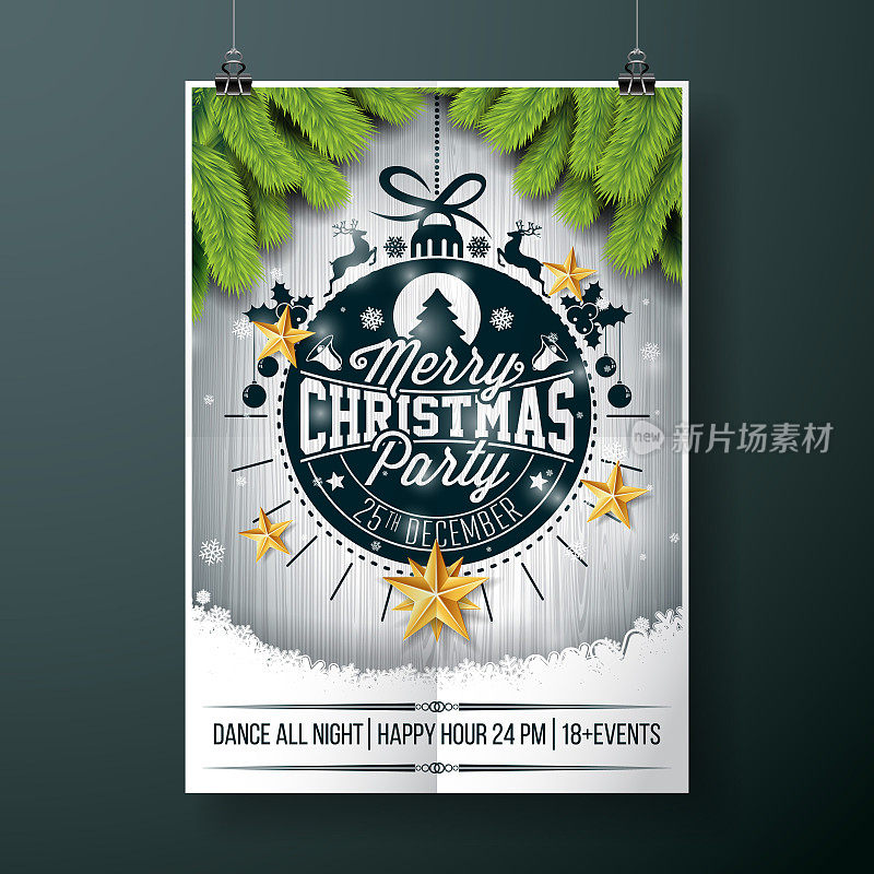 Vector Merry Christmas Party设计与节日印刷元素和金色星星在vintage wood背景。